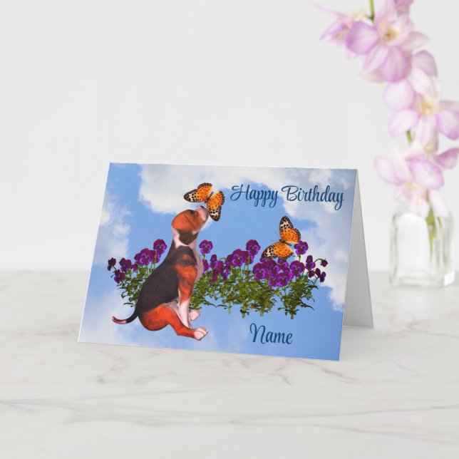 Beagle Butterflies Pansies Cute Birthday  Card (Orchid)