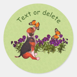 Beagle Butterflies Pansies Cute Personalised Classic Round Sticker