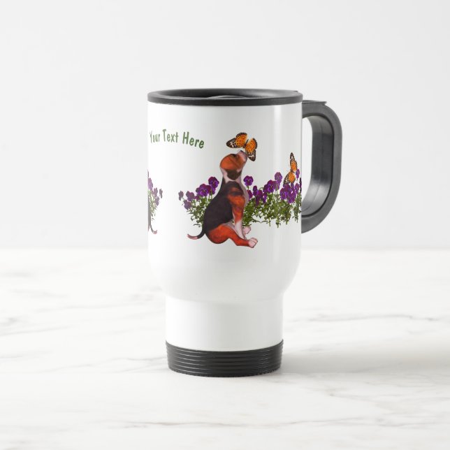 Beagle Butterflies Pansies Cute Personalised  Travel Mug (Front Right)