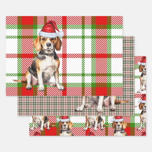 Beagle Christmas Dog Red Holiday Plaid Wrapping Paper Sheet (Set)