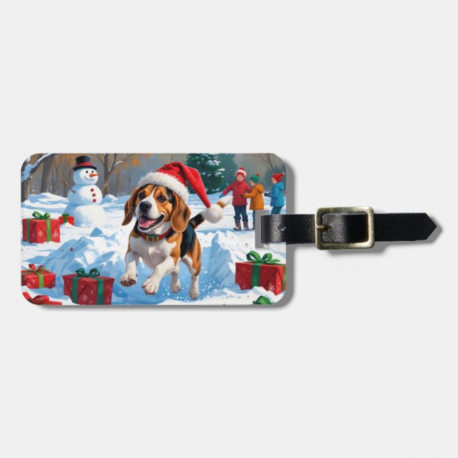 Beagle Christmas Festive Snow Scene Luggage Tag (Front Horizontal)
