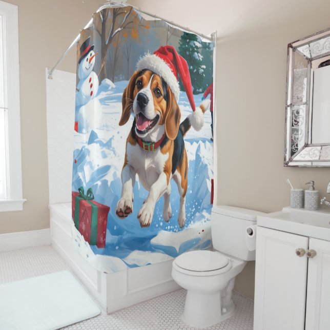 Beagle Christmas Festive Snow Scene Shower Curtain (In Situ)