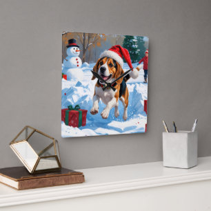 Beagle Christmas Festive Snow Scene Square Wall Clock