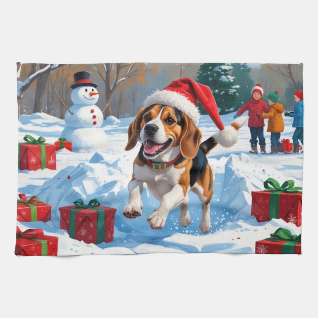 Beagle Christmas Festive Snow Scene Tea Towel (Horizontal)