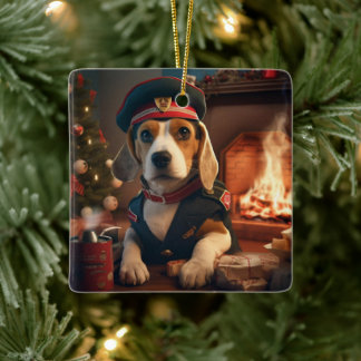 Beagle Christmas, Gift for Beagle Police Lover Ceramic Ornament