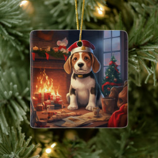 Beagle Christmas, Gift for Beagle Police Lover Ceramic Ornament