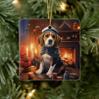Beagle Christmas, Gift for Beagle Police Lover Ceramic Ornament