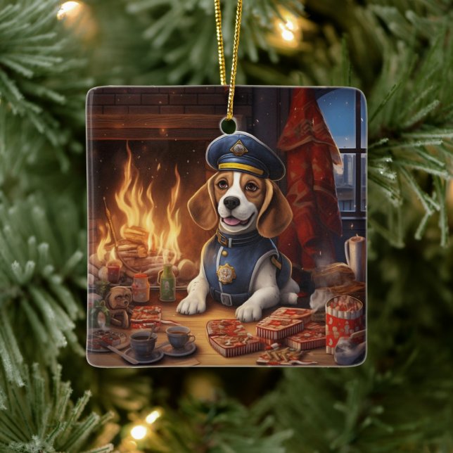 Beagle Christmas, Gift for Beagle Police Lover Ceramic Ornament (Tree)