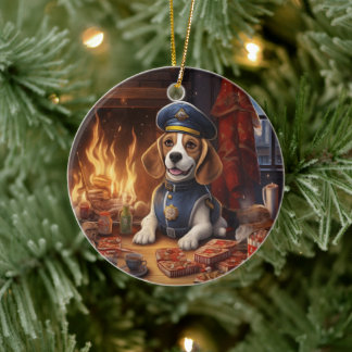 Beagle Christmas, Gift for Beagle Police Lover Ceramic Tree Decoration