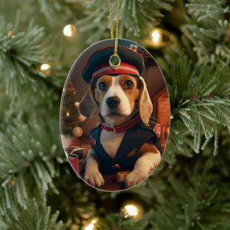 Beagle Christmas, Gift for Beagle Police Lover Ceramic Tree Decoration