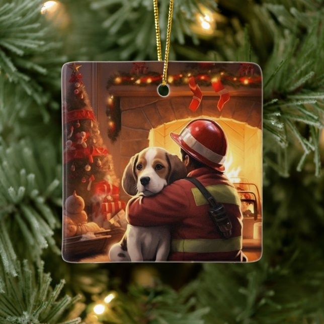 Beagle Christmas, Gift for Dog Firefighter Lover Ceramic Ornament (Tree)