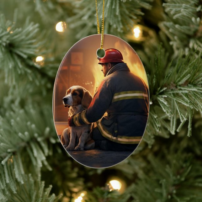 Beagle Christmas, Gift for Dog Firefighter Lover Ceramic Tree Decoration (Tree)