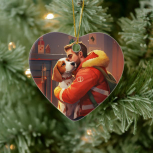 Beagle Christmas, Gift for Dog Firefighter Lover Ceramic Tree Decoration