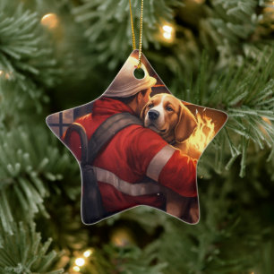 Beagle Christmas, Gift for Dog Firefighter Lover Ceramic Tree Decoration