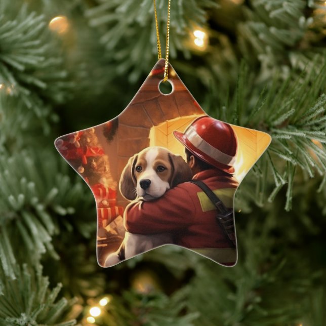 Beagle Christmas, Gift for Dog Firefighter Lover Ceramic Tree Decoration (Tree)