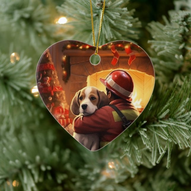 Beagle Christmas, Gift for Dog Firefighter Lover Ceramic Tree Decoration (Tree)