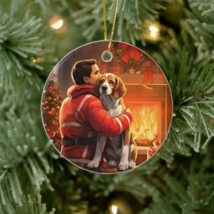 Beagle Christmas, Gift for Dog Firefighter Lover Ceramic Tree Decoration