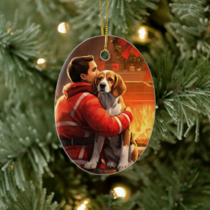 Beagle Christmas, Gift for Dog Firefighter Lover Ceramic Tree Decoration