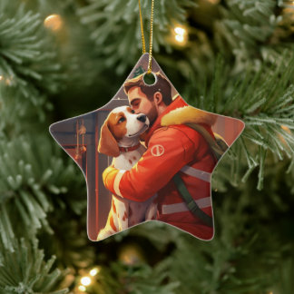 Beagle Christmas, Gift for Dog Firefighter Lover Ceramic Tree Decoration