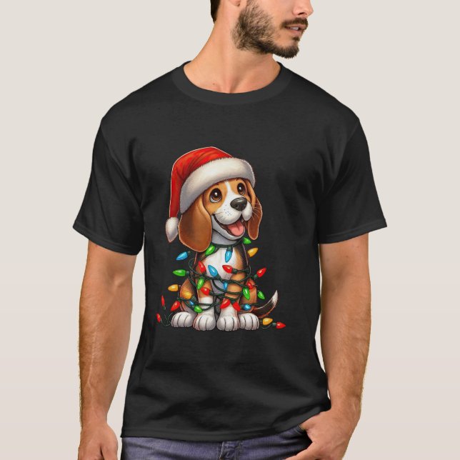 Beagle Christmas Lights Santa Hat Boys Girls Kids T-Shirt (Front)