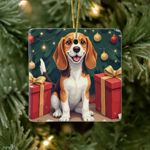 Beagle Christmas Morning Gift-Unboxing Painting Ceramic Ornament