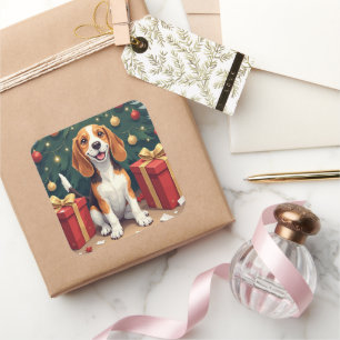 Beagle Christmas Morning Gift-Unboxing Painting Square Sticker