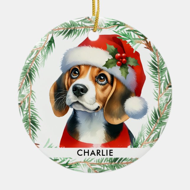 Beagle Christmas Personalised Cute Santa Dog Ceramic Tree Decoration (Front)