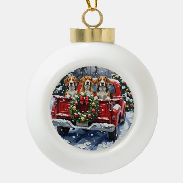 Beagle Christmas Red Truck Holiday Ceramic Ball Christmas Ornament (Front)