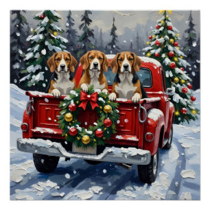 Beagle Christmas Red Truck Holiday Poster