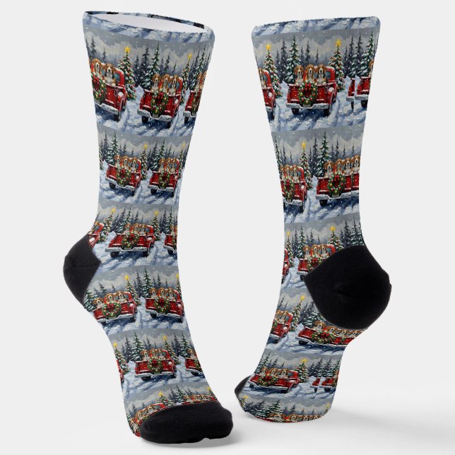 Beagle Christmas Red Truck Holiday Socks (Angled)