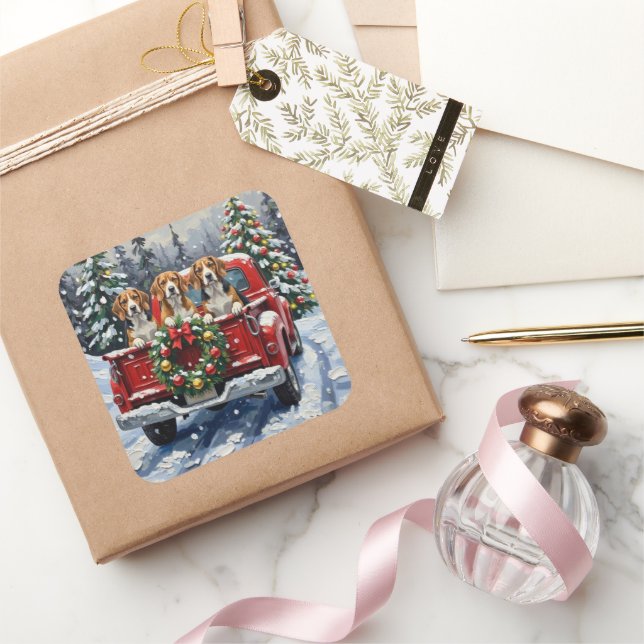 Beagle Christmas Red Truck Holiday Square Sticker (Gifting)