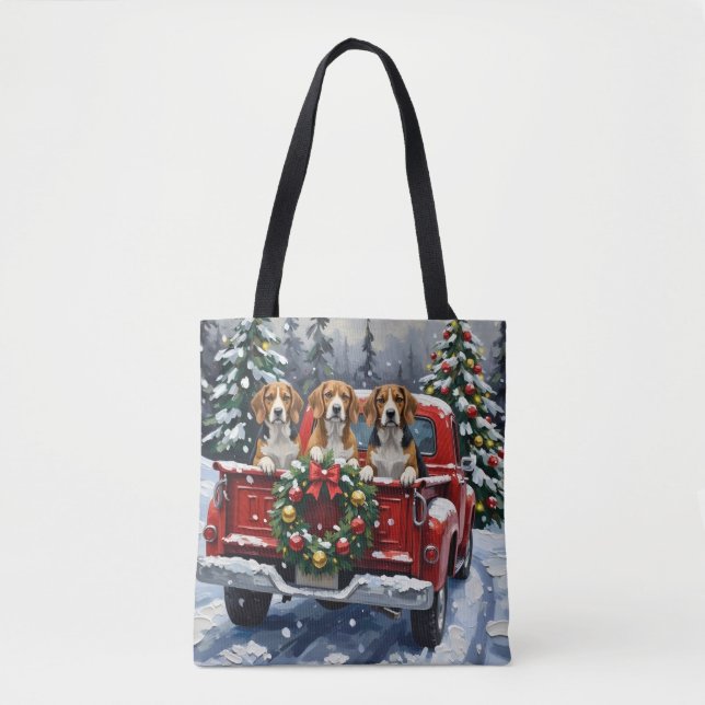 Beagle Christmas Red Truck Holiday Tote Bag (Front)