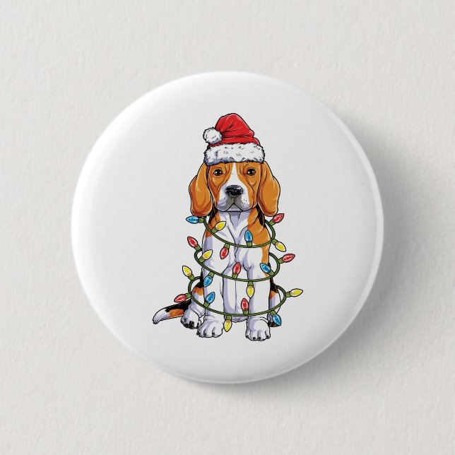 Beagle Christmas Shirt Santa Hat Xmas tree Lights 6 Cm Round Badge (Front)
