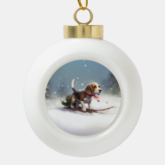 Beagle Christmas snow winter Ceramic Ball Christmas Ornament (Front)