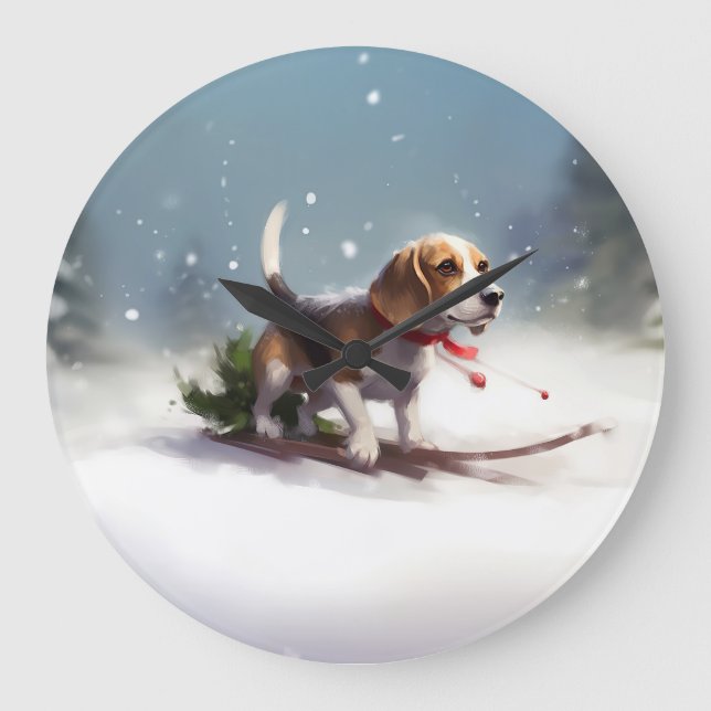 Beagle Christmas snow winter Large Clock (Front)