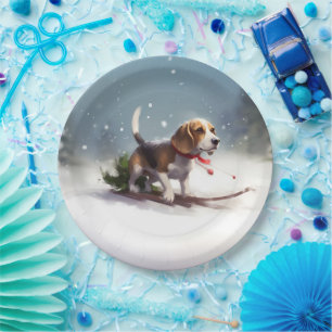 Beagle Christmas snow winter Paper Plate