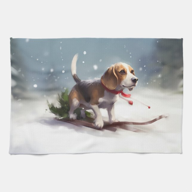 Beagle Christmas snow winter Tea Towel (Horizontal)