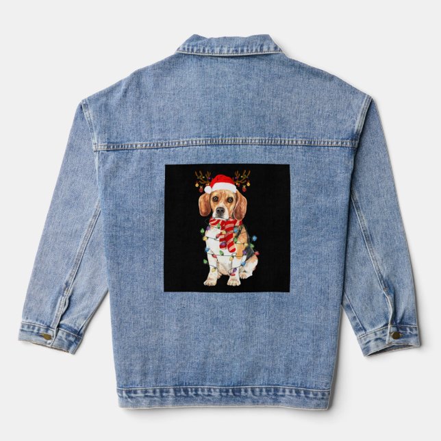 Beagle Christmas Tee Reindeer Christmas Lights Denim Jacket (Back)