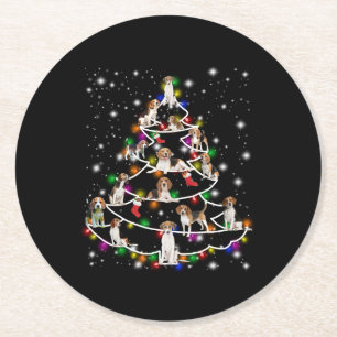 Beagle Christmas Tree Covered By Flashlight Round Paper Coaster