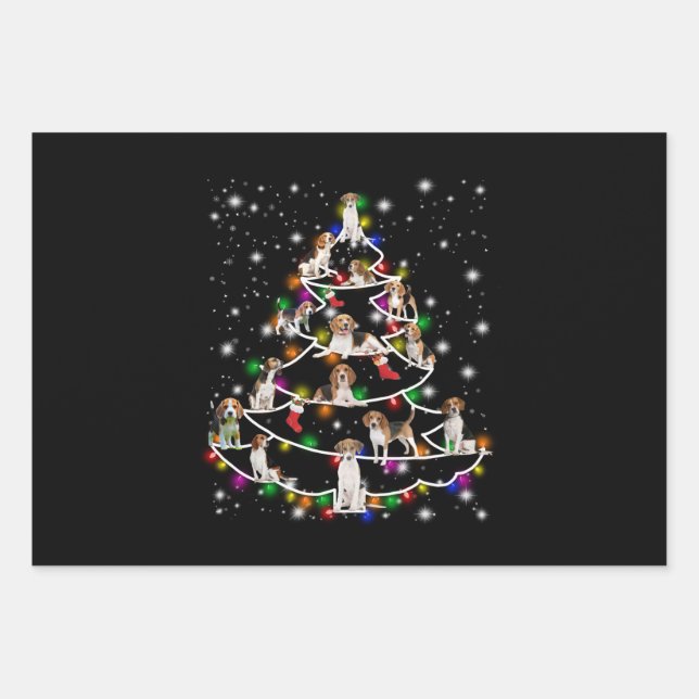 Beagle Christmas Tree Covered By Flashlight Wrapping Paper Sheet (Front)