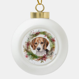 Beagle Christmas Wreath Festive Pup Ceramic Ball Christmas Ornament
