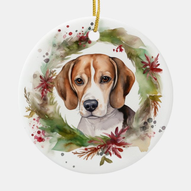 Beagle Christmas Wreath Festive Pup  Ceramic Tree Decoration (Front)