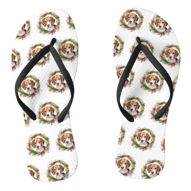 Beagle Christmas Wreath Festive Pup  Flip Flops (Footbed)