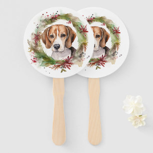 Beagle Christmas Wreath Festive Pup  Hand Fan
