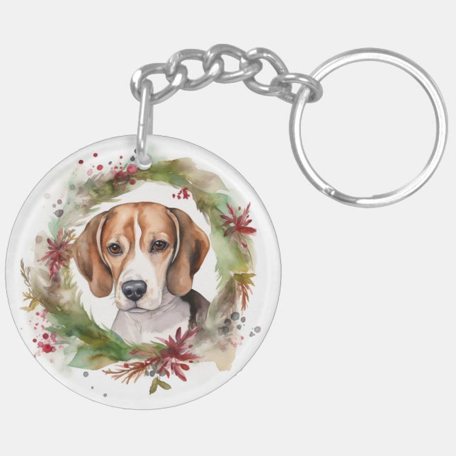 Beagle Christmas Wreath Festive Pup  Key Ring (Back Left)