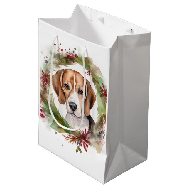 Beagle Christmas Wreath Festive Pup  Medium Gift Bag (Front Angled)