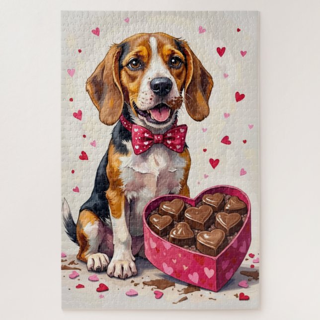 Beagle Devouring Valentine's Chocolate Box Jigsaw Puzzle (Vertical)