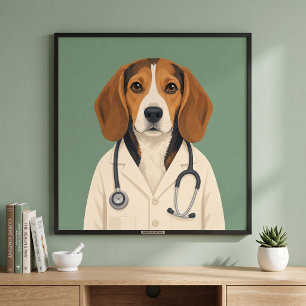 Beagle Doctor Wearing Medical Coat and Stethoscope Poster