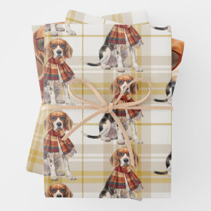 Beagle Dog and Golden Plaid Wrapping Paper Sheet