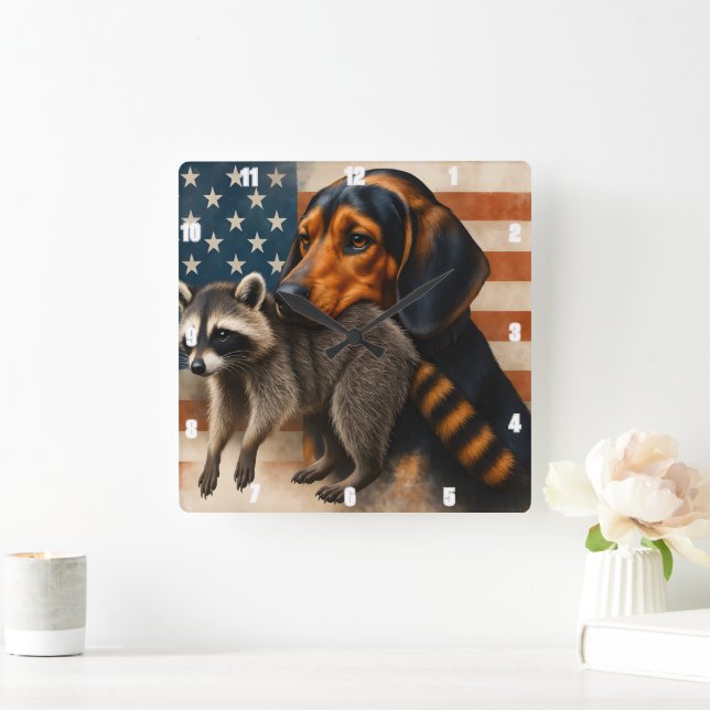 Beagle Dog And Racoon Illustration With American  Square Wall Clock (Home)